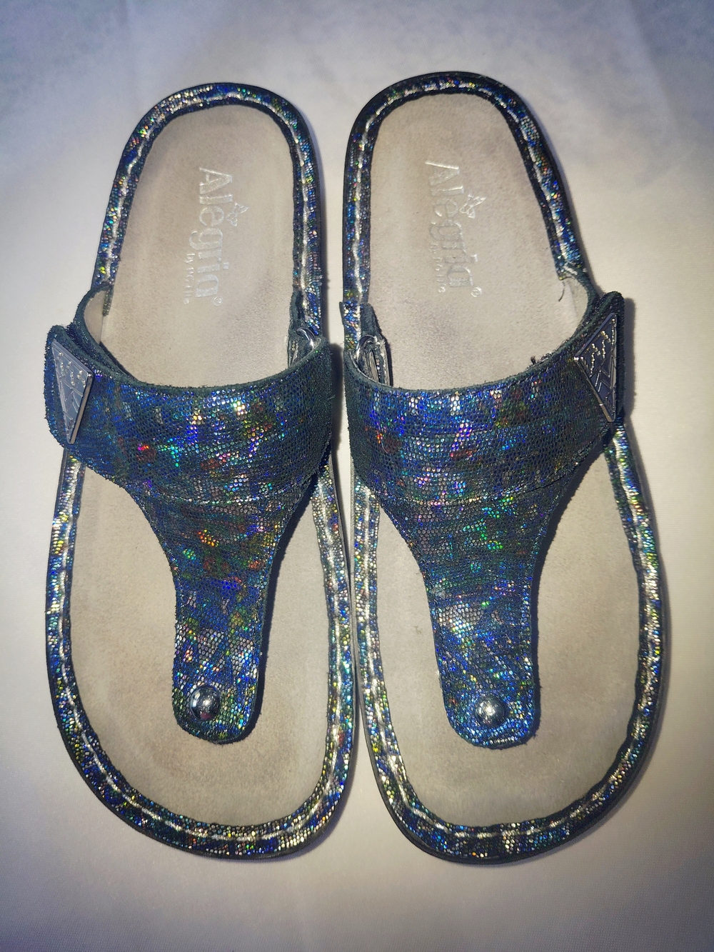 EUC Sz EU 39. Sz 9 US Alegria Thong Iridescent T-Strap Sandals - Blue Shimmer - Picture 6 of 11